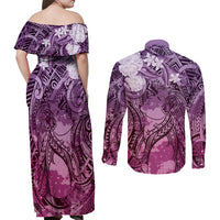 Pacific Beauty Girl Couples Matching Off Shoulder Maxi Dress and Long Sleeve Button Shirt Pink Polyneisan Tribal Vintage Motif LT9 - Polynesian Pride