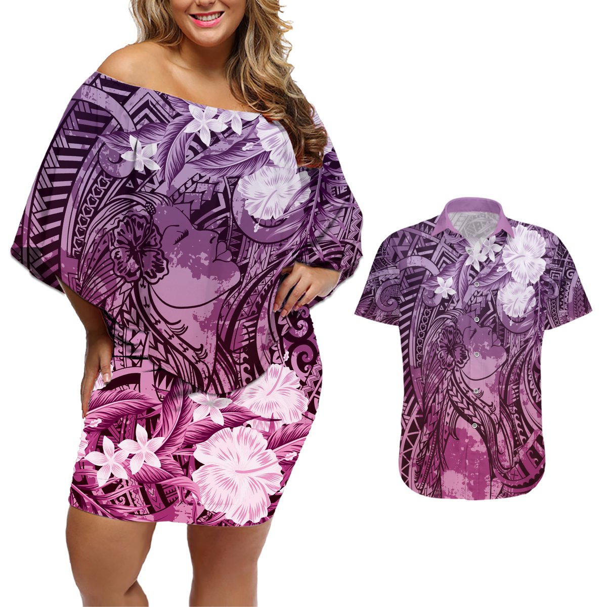 Pacific Beauty Girl Couples Matching Off Shoulder Short Dress and Hawaiian Shirt Pink Polyneisan Tribal Vintage Motif LT9 Pink - Polynesian Pride
