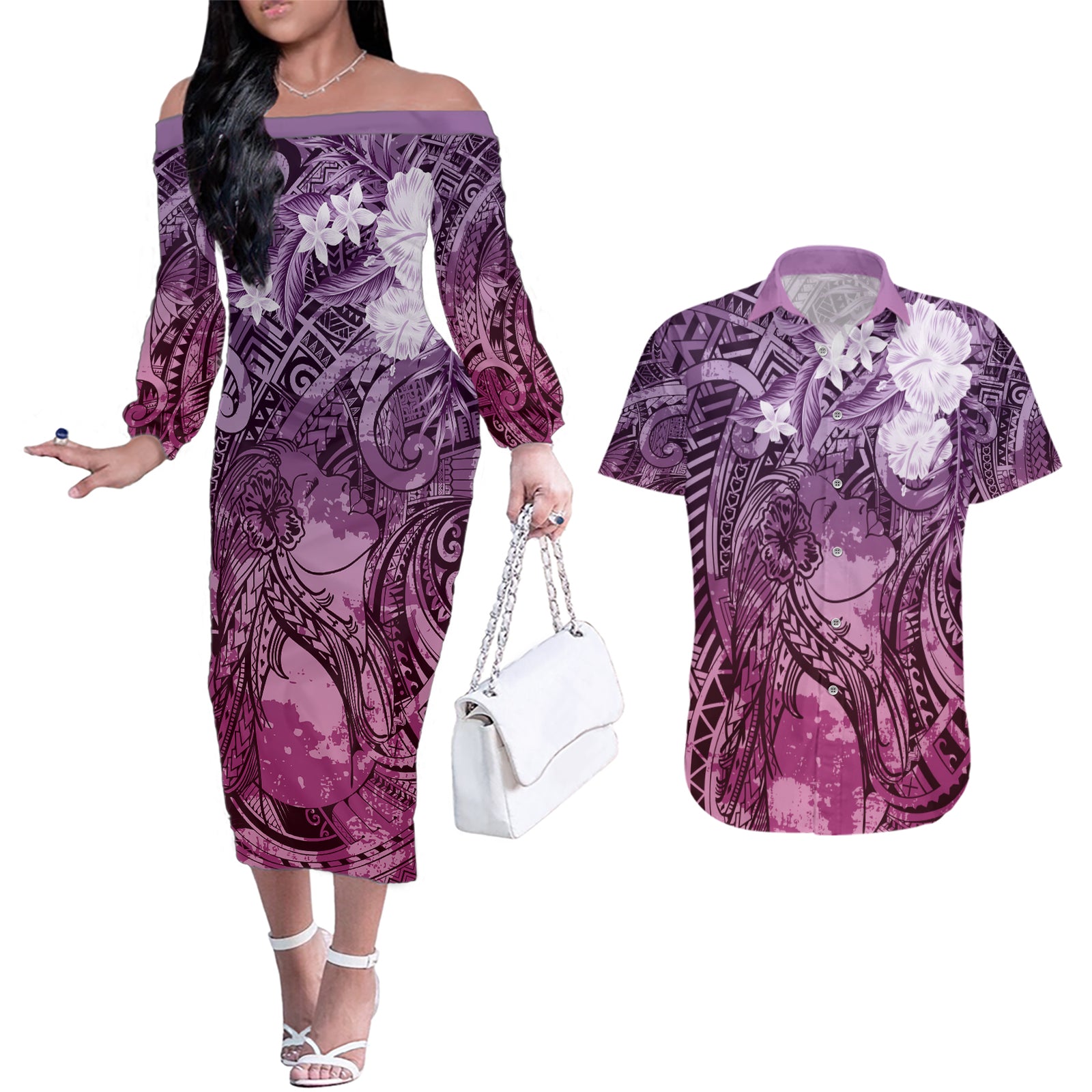 Pacific Beauty Girl Couples Matching Off The Shoulder Long Sleeve Dress and Hawaiian Shirt Pink Polyneisan Tribal Vintage Motif