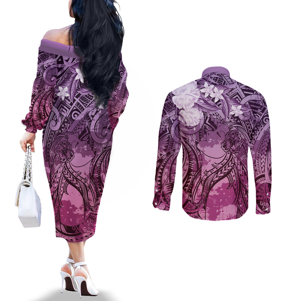 Pacific Beauty Girl Couples Matching Off The Shoulder Long Sleeve Dress and Long Sleeve Button Shirt Pink Polyneisan Tribal Vintage Motif LT9 - Polynesian Pride