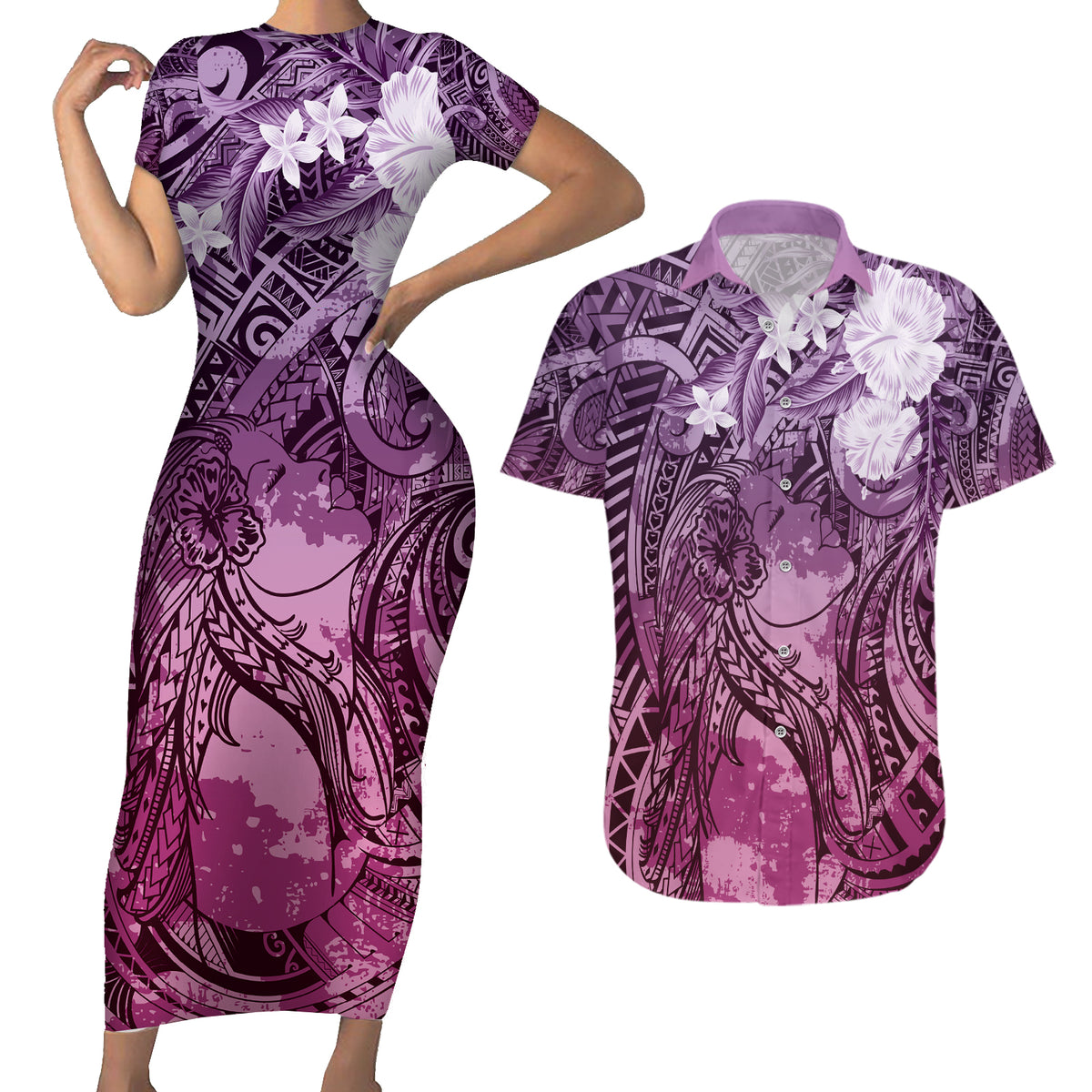 Pacific Beauty Girl Couples Matching Short Sleeve Bodycon Dress and Hawaiian Shirt Pink Polyneisan Tribal Vintage Motif LT9 Pink - Polynesian Pride
