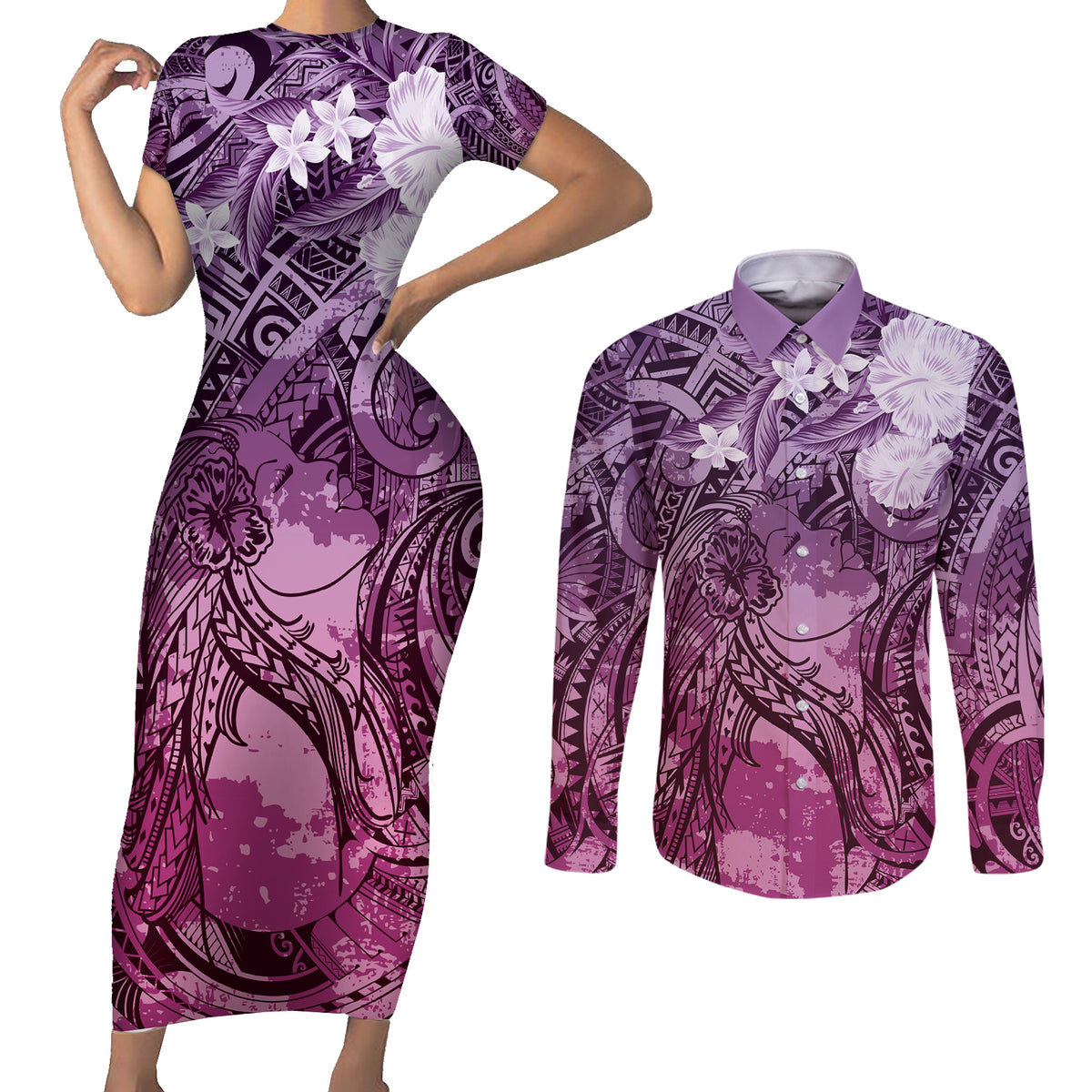 Pacific Beauty Girl Couples Matching Short Sleeve Bodycon Dress and Long Sleeve Button Shirt Pink Polyneisan Tribal Vintage Motif LT9 Pink - Polynesian Pride