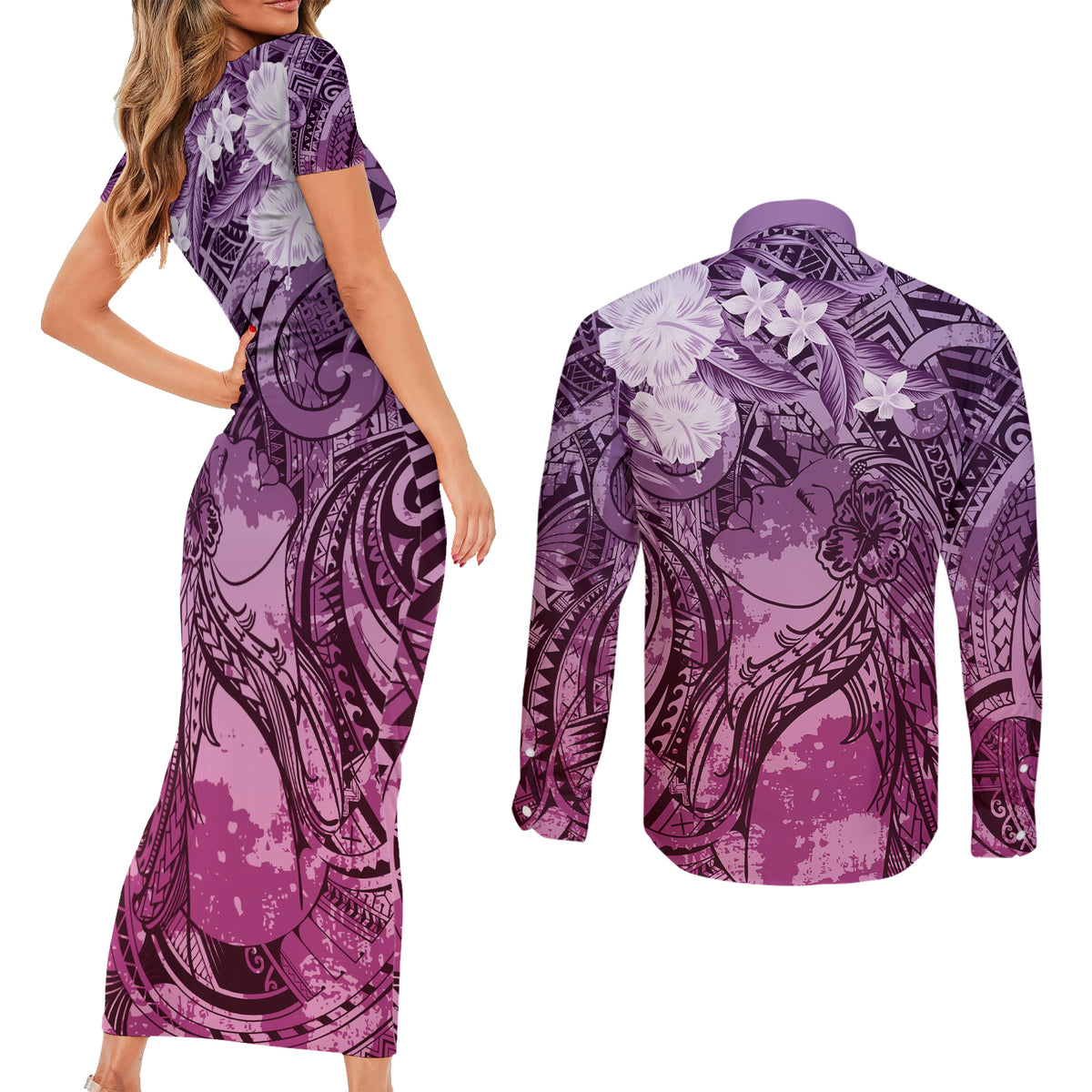 Pacific Beauty Girl Couples Matching Short Sleeve Bodycon Dress and Long Sleeve Button Shirt Pink Polyneisan Tribal Vintage Motif LT9 - Polynesian Pride
