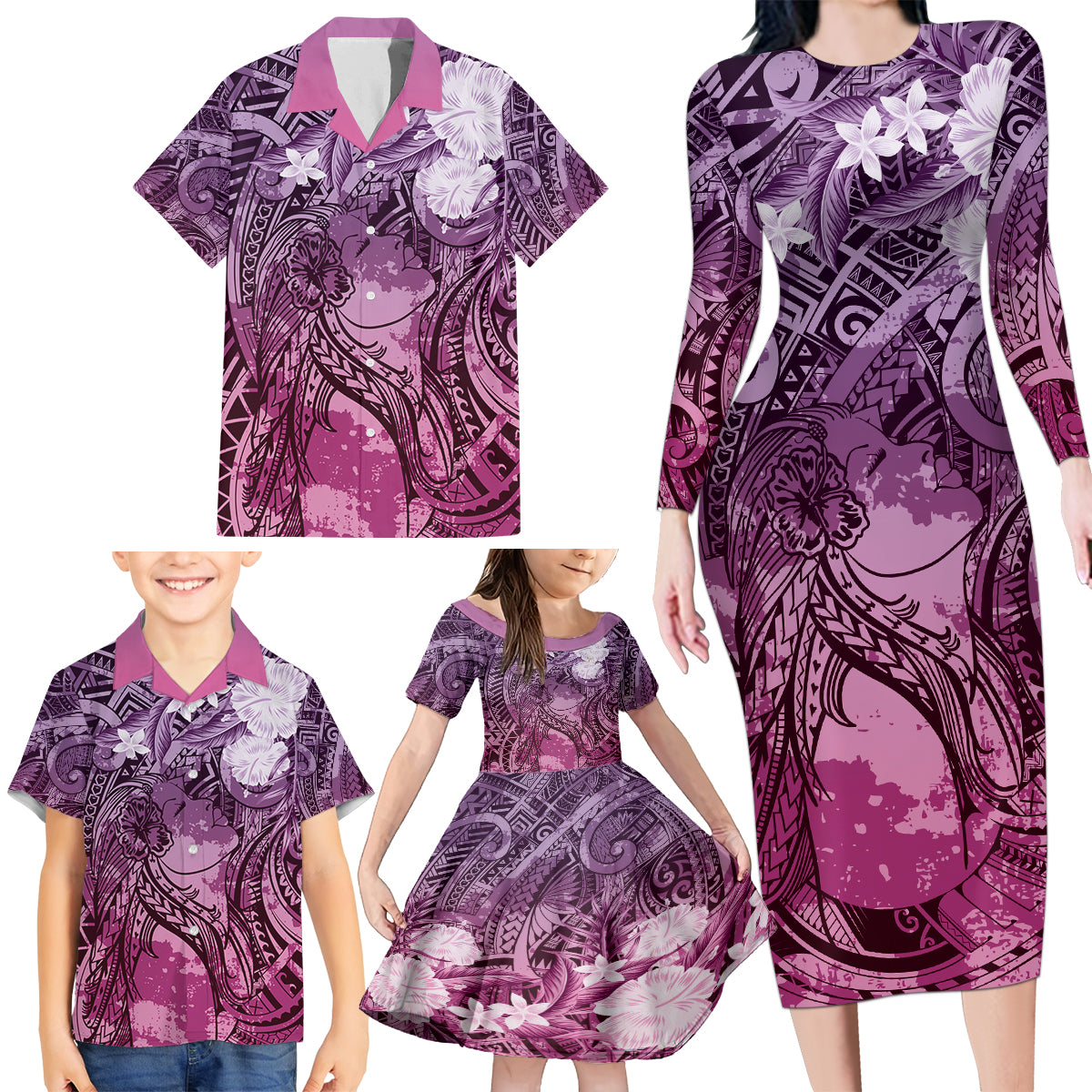 Pacific Beauty Girl Family Matching Long Sleeve Bodycon Dress and Hawaiian Shirt Pink Polyneisan Tribal Vintage Motif LT9 - Polynesian Pride