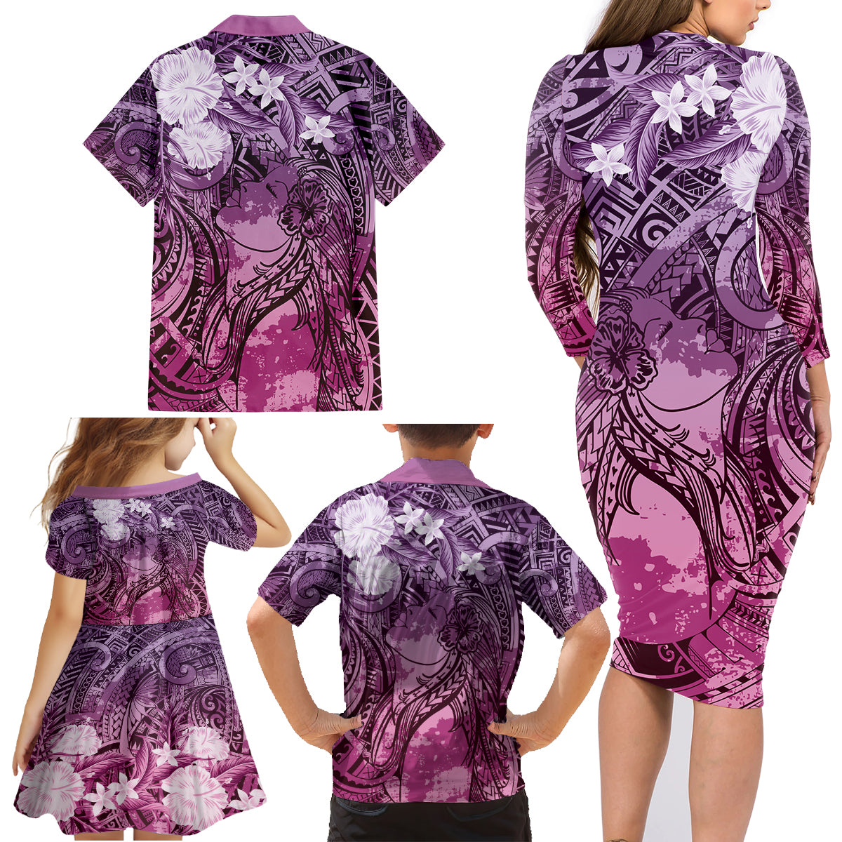 Pacific Beauty Girl Family Matching Long Sleeve Bodycon Dress and Hawaiian Shirt Pink Polyneisan Tribal Vintage Motif LT9 - Polynesian Pride