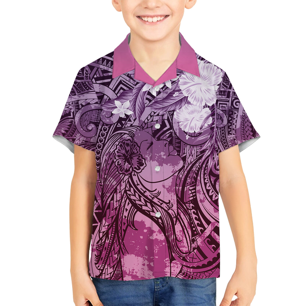 Pacific Beauty Girl Family Matching Long Sleeve Bodycon Dress and Hawaiian Shirt Pink Polyneisan Tribal Vintage Motif LT9 Son's Shirt Pink - Polynesian Pride