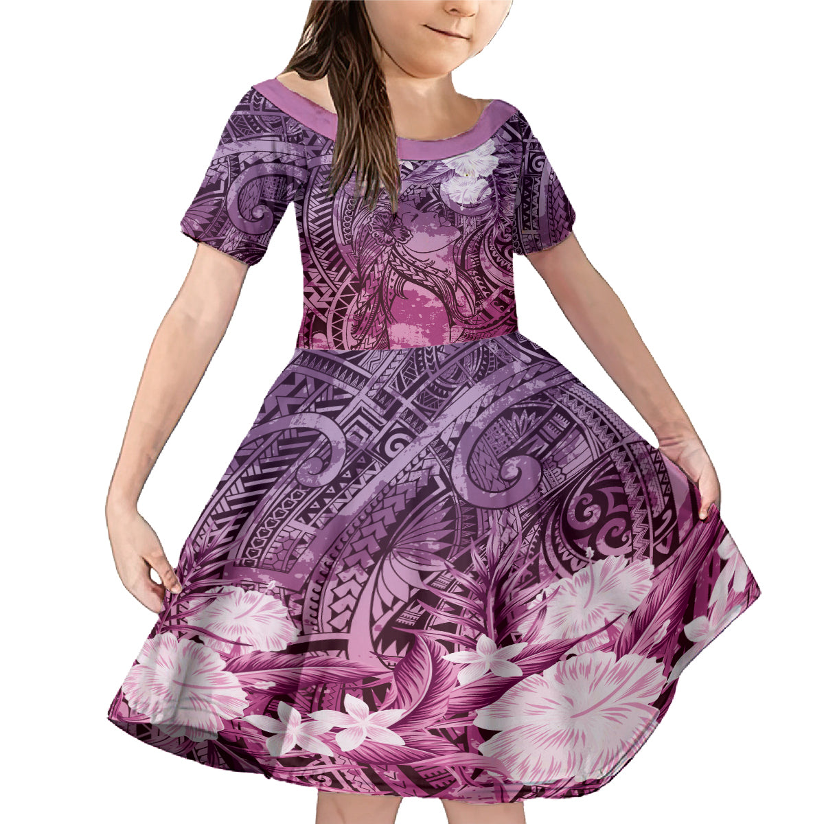 Pacific Beauty Girl Family Matching Mermaid Dress and Hawaiian Shirt Pink Polyneisan Tribal Vintage Motif LT9 Daughter's Dress Pink - Polynesian Pride