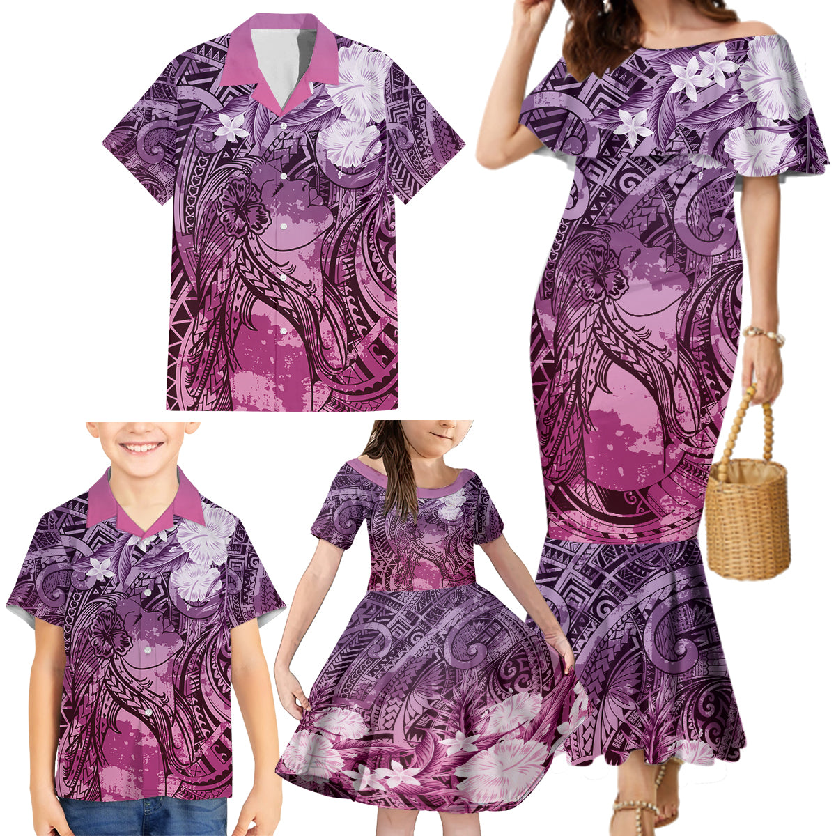Pacific Beauty Girl Family Matching Mermaid Dress and Hawaiian Shirt Pink Polyneisan Tribal Vintage Motif LT9 - Polynesian Pride