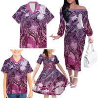 Pacific Beauty Girl Family Matching Off The Shoulder Long Sleeve Dress and Hawaiian Shirt Pink Polyneisan Tribal Vintage Motif LT9 - Polynesian Pride