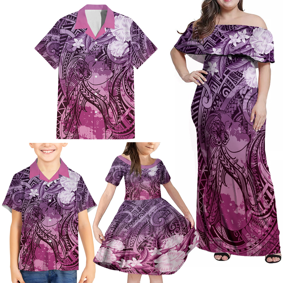 Pacific Beauty Girl Family Matching Off Shoulder Maxi Dress and Hawaiian Shirt Pink Polyneisan Tribal Vintage Motif LT9 - Polynesian Pride