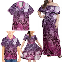 Pacific Beauty Girl Family Matching Off Shoulder Maxi Dress and Hawaiian Shirt Pink Polyneisan Tribal Vintage Motif LT9 - Polynesian Pride