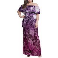 Pacific Beauty Girl Family Matching Off Shoulder Maxi Dress and Hawaiian Shirt Pink Polyneisan Tribal Vintage Motif LT9 Mom's Dress Pink - Polynesian Pride