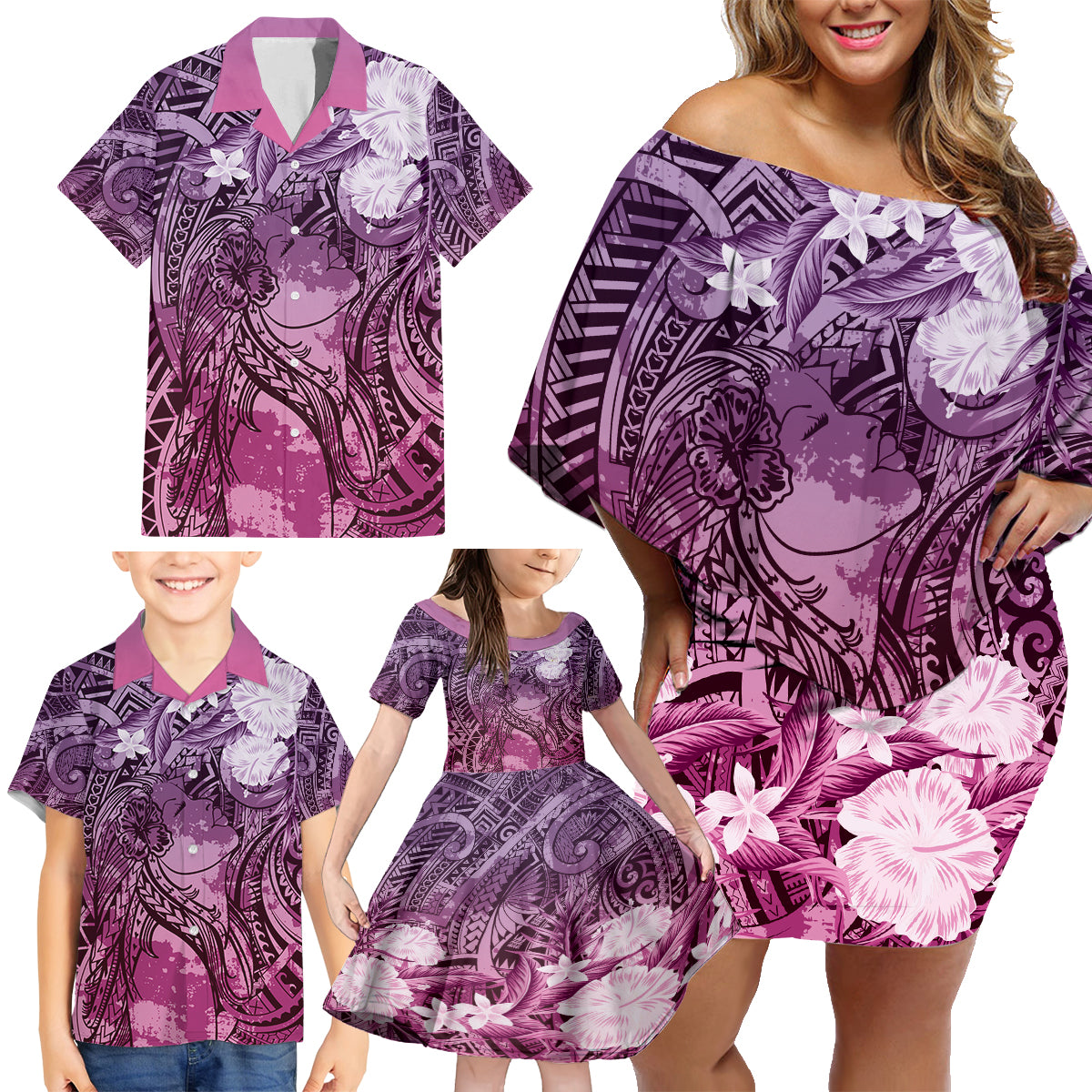 Pacific Beauty Girl Family Matching Off Shoulder Short Dress and Hawaiian Shirt Pink Polyneisan Tribal Vintage Motif LT9 - Polynesian Pride