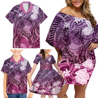 Pacific Beauty Girl Family Matching Off Shoulder Short Dress and Hawaiian Shirt Pink Polyneisan Tribal Vintage Motif LT9 - Polynesian Pride