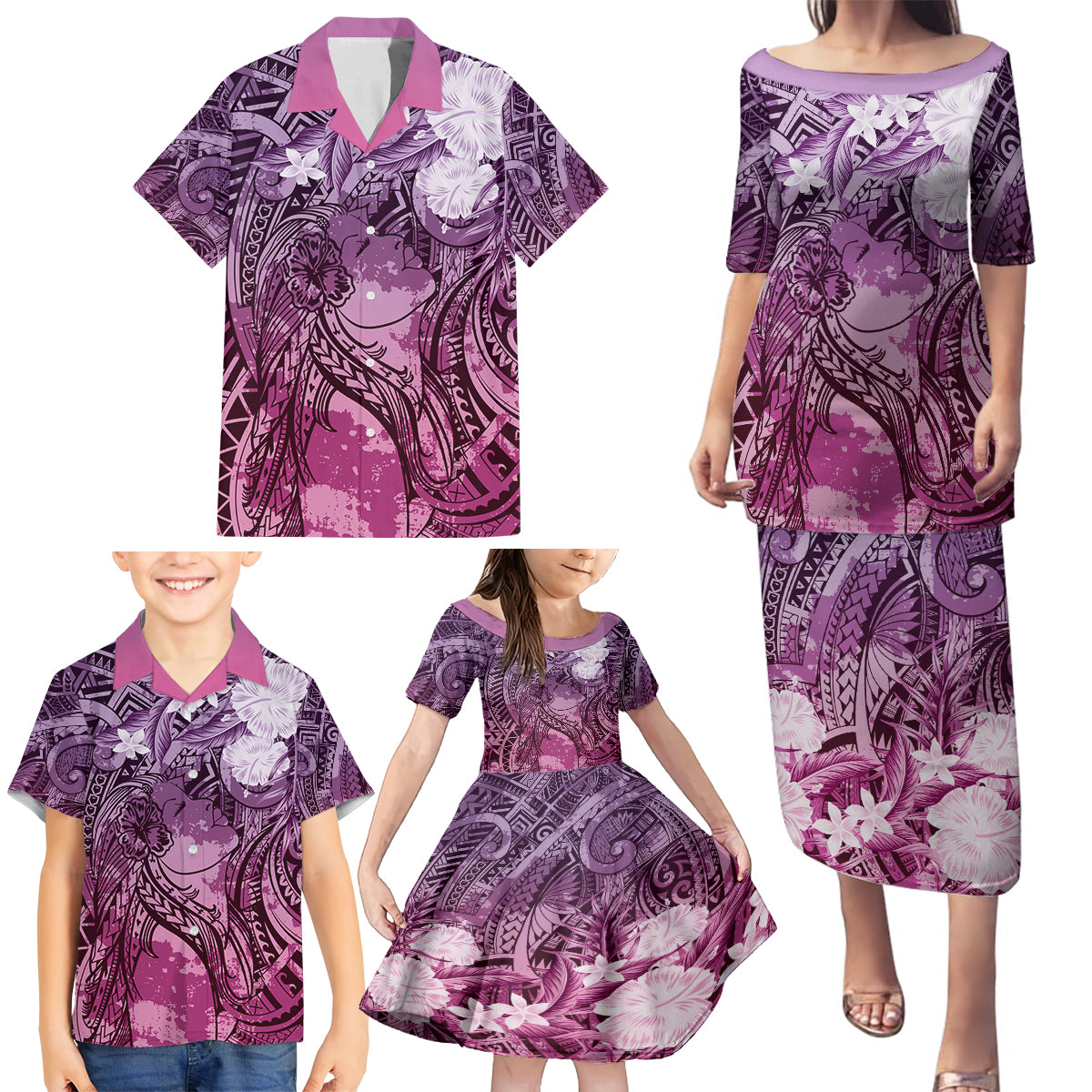 Pacific Beauty Girl Family Matching Puletasi and Hawaiian Shirt Pink Polyneisan Tribal Vintage Motif LT9 - Polynesian Pride