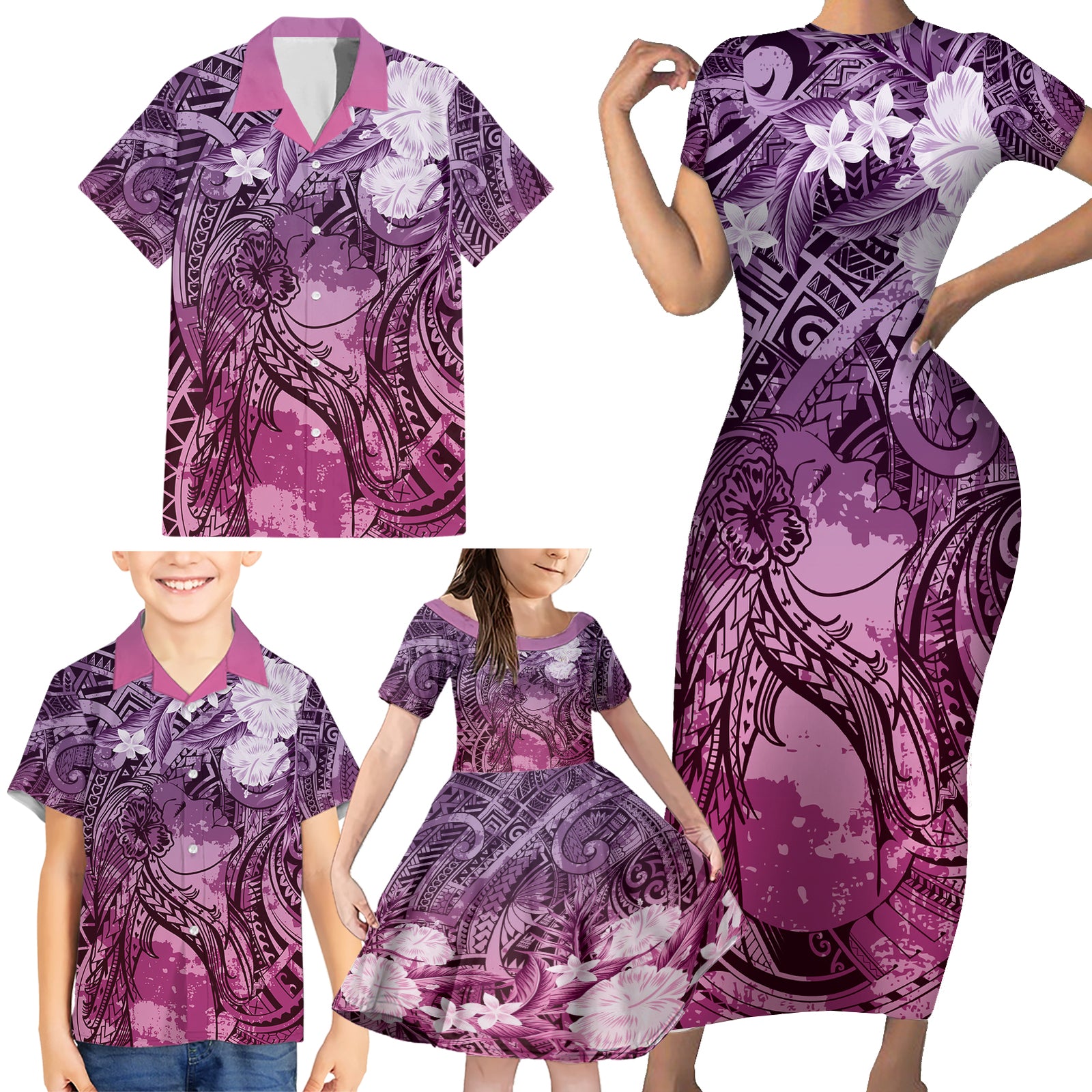 Pacific Beauty Girl Family Matching Short Sleeve Bodycon Dress and Hawaiian Shirt Pink Polyneisan Tribal Vintage Motif LT9 - Polynesian Pride