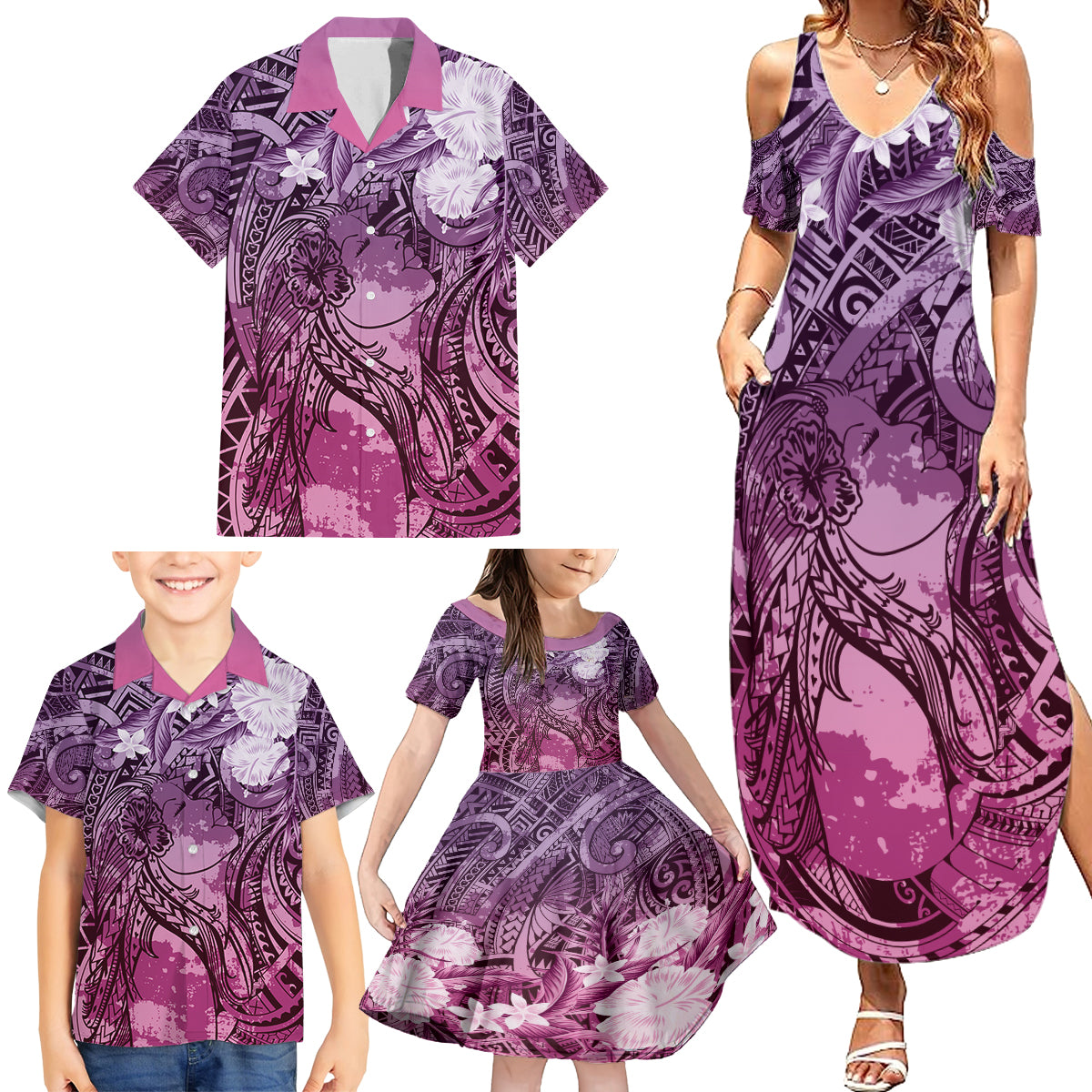 Pacific Beauty Girl Family Matching Summer Maxi Dress and Hawaiian Shirt Pink Polyneisan Tribal Vintage Motif LT9 - Polynesian Pride