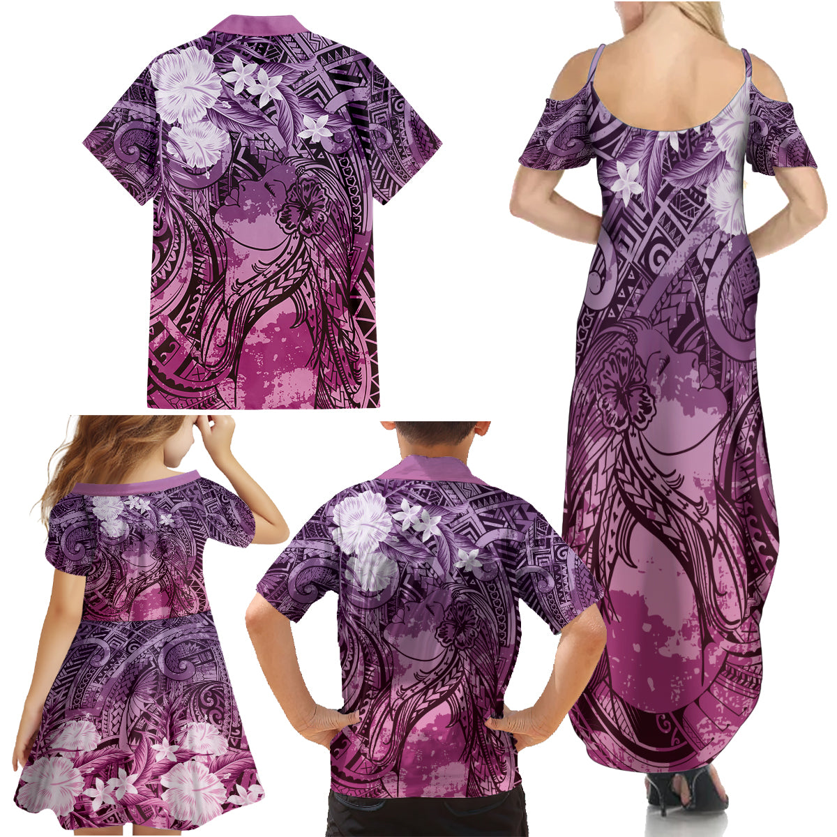 Pacific Beauty Girl Family Matching Summer Maxi Dress and Hawaiian Shirt Pink Polyneisan Tribal Vintage Motif LT9 - Polynesian Pride