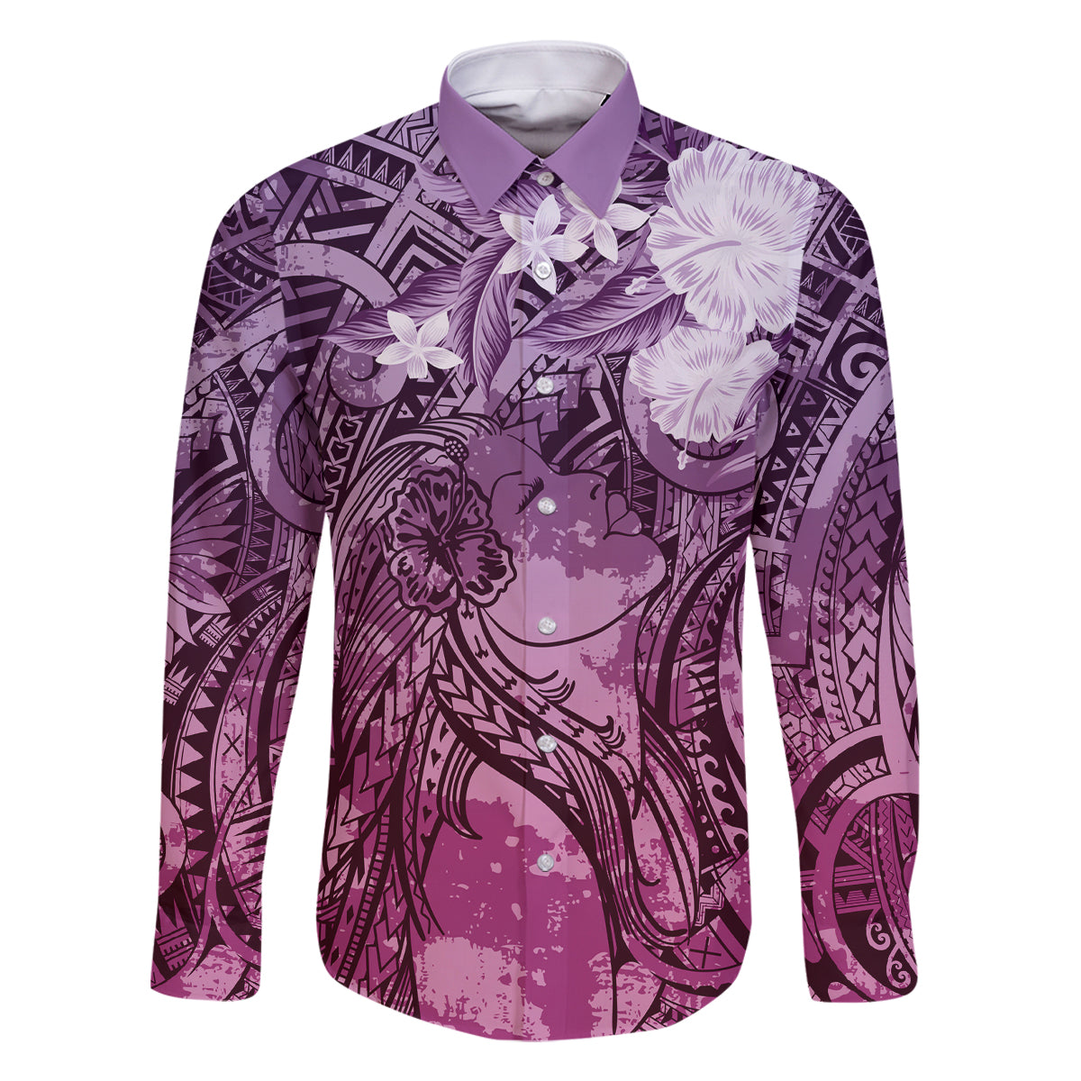 Pacific Beauty Girl Family Matching Summer Maxi Dress and Hawaiian Shirt Pink Polyneisan Tribal Vintage Motif LT9 Dad's Shirt - Long Sleeve Pink - Polynesian Pride