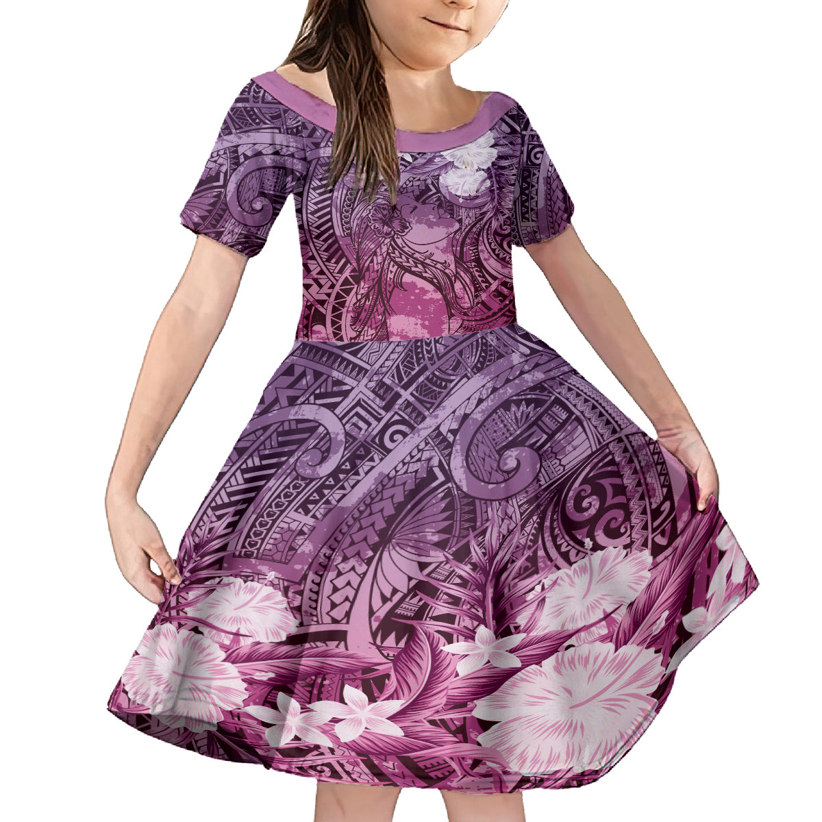 Pacific Beauty Girl Family Matching Tank Maxi Dress and Hawaiian Shirt Pink Polyneisan Tribal Vintage Motif LT9 Daughter's Dress Pink - Polynesian Pride