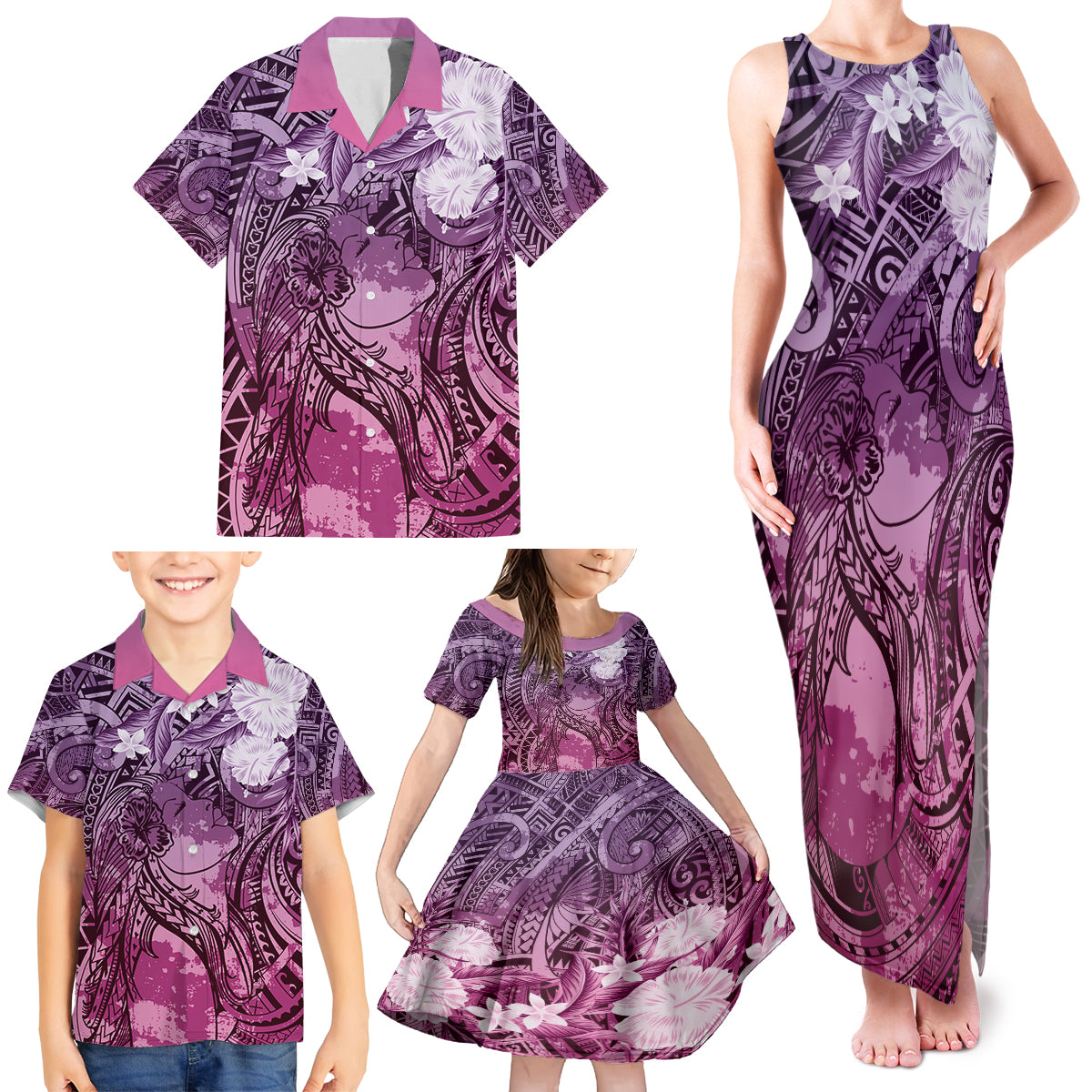 Pacific Beauty Girl Family Matching Tank Maxi Dress and Hawaiian Shirt Pink Polyneisan Tribal Vintage Motif LT9 - Polynesian Pride
