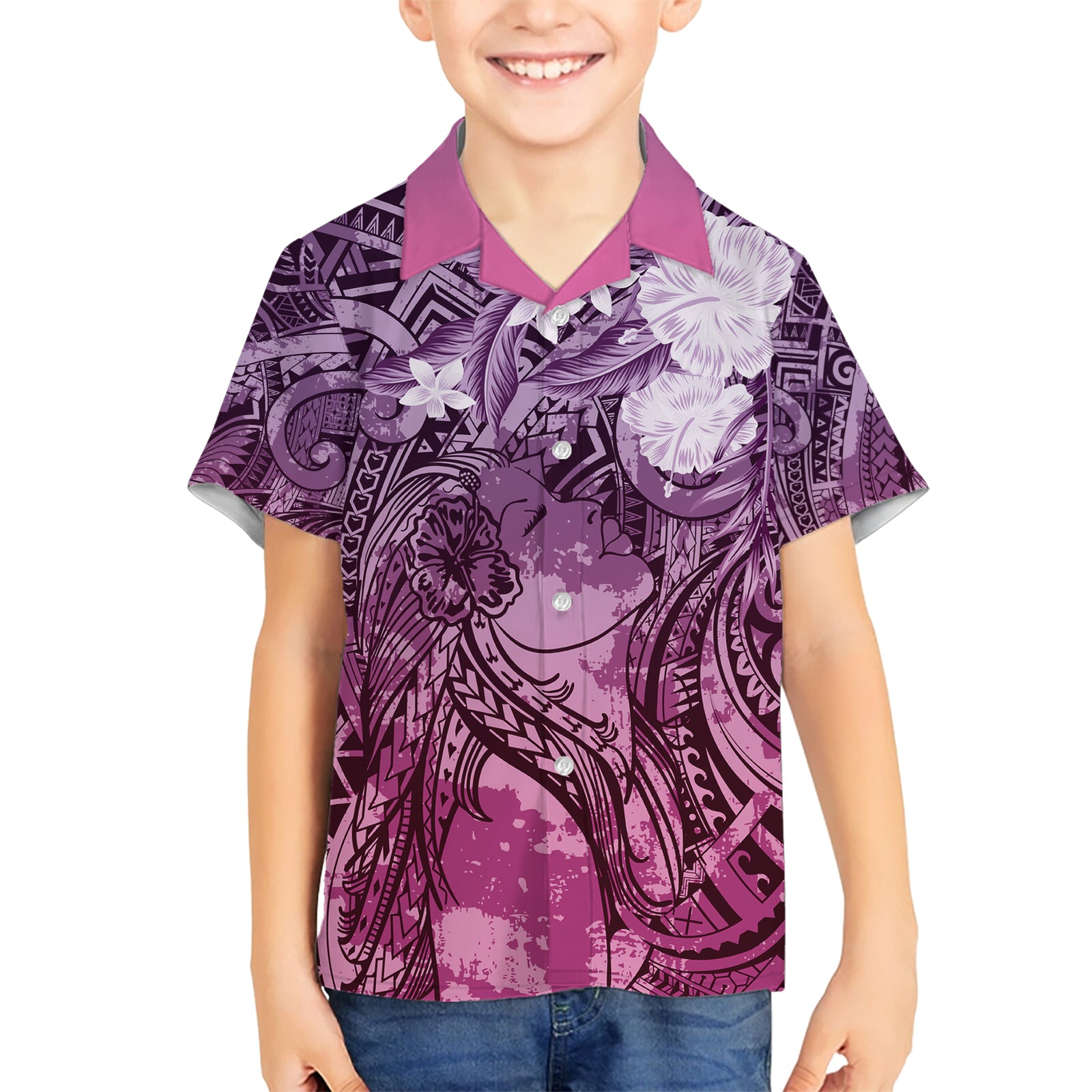 Pacific Beauty Girl Kid Hawaiian Shirt Pink Polyneisan Tribal Vintage Motif LT9 Kid Pink - Polynesian Pride