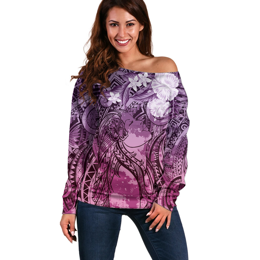 Pacific Beauty Girl Off Shoulder Sweater Pink Polyneisan Tribal Vintage Motif LT9 Women Pink - Polynesian Pride