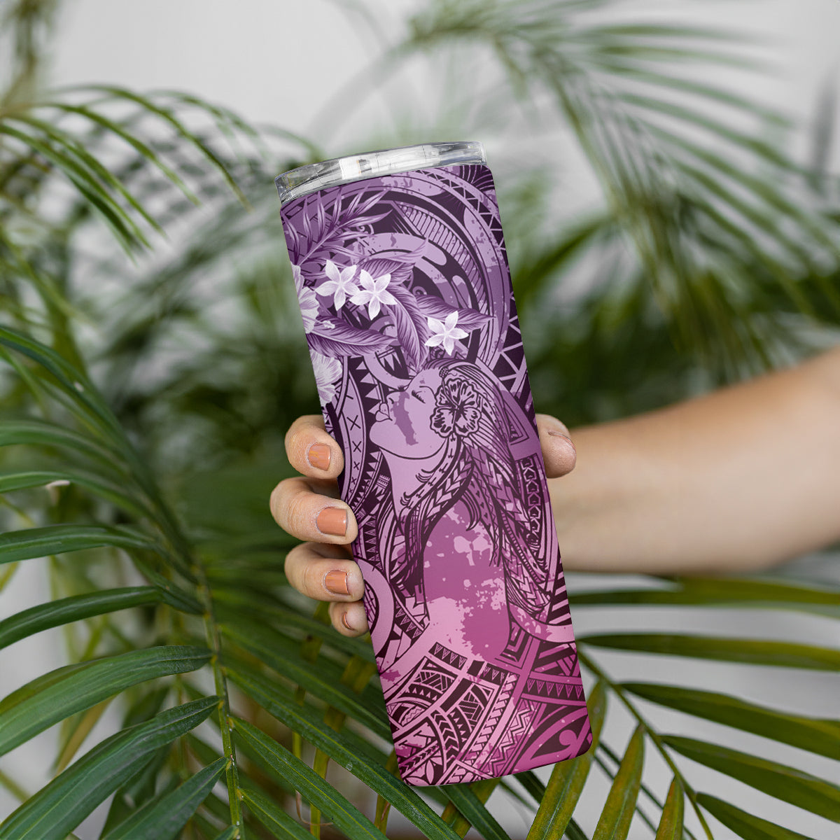 Pacific Beauty Girl Skinny Tumbler Pink Polyneisan Tribal Vintage Motif LT9 - Polynesian Pride