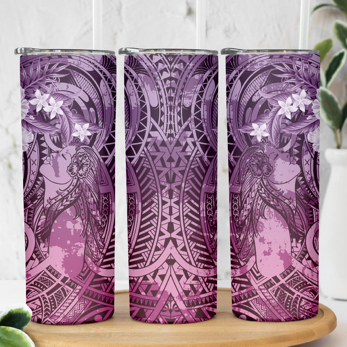 Pacific Beauty Girl Skinny Tumbler Pink Polyneisan Tribal Vintage Motif LT9 - Polynesian Pride