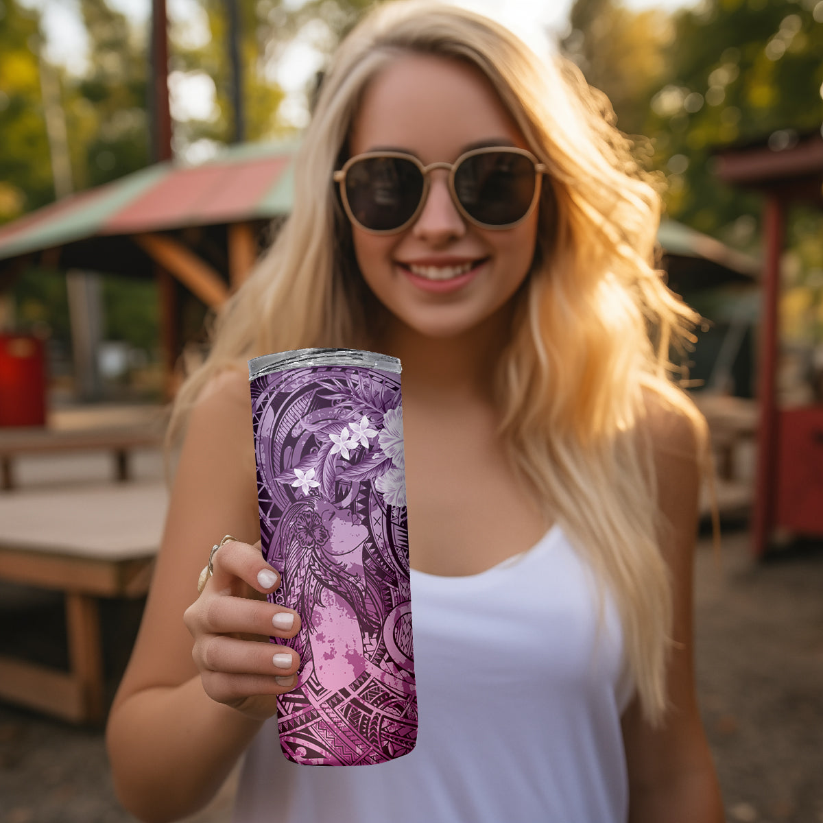 Pacific Beauty Girl Skinny Tumbler Pink Polyneisan Tribal Vintage Motif LT9 - Polynesian Pride