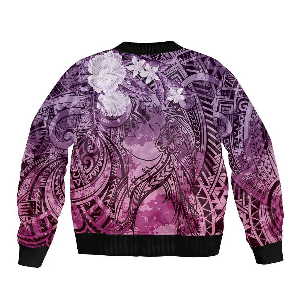 Pacific Beauty Girl Sleeve Zip Bomber Jacket Pink Polyneisan Tribal Vintage Motif