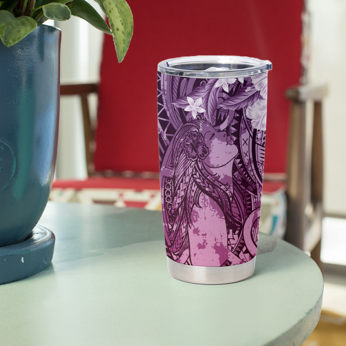 Pacific Beauty Girl Tumbler Cup Pink Polyneisan Tribal Vintage Motif LT9 - Polynesian Pride