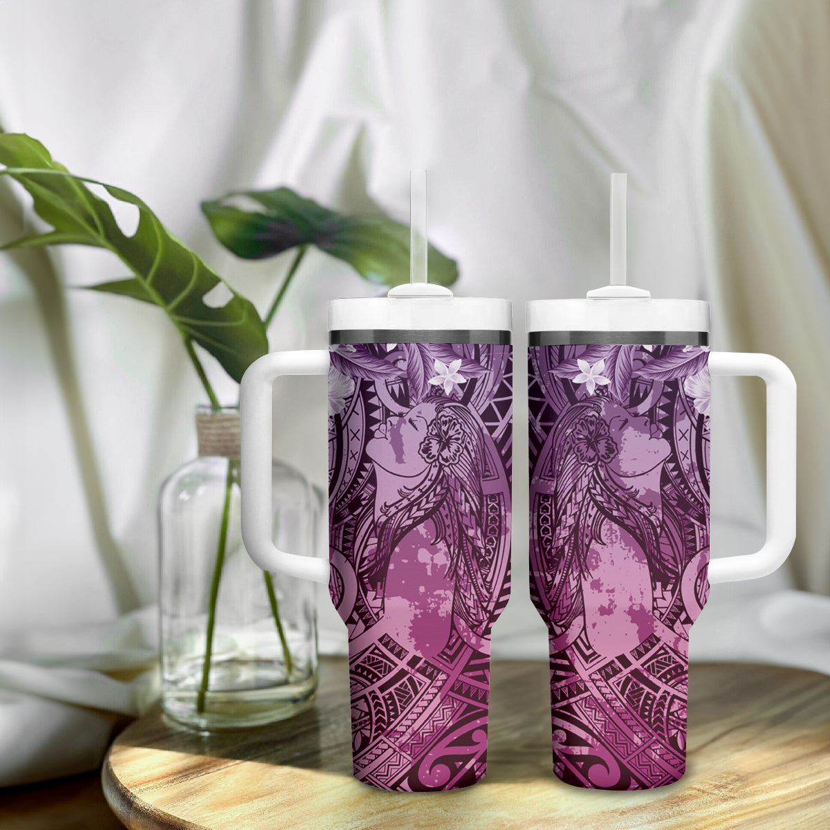 Pacific Beauty Girl Tumbler With Handle Pink Polyneisan Tribal Vintage Motif LT9 - Polynesian Pride