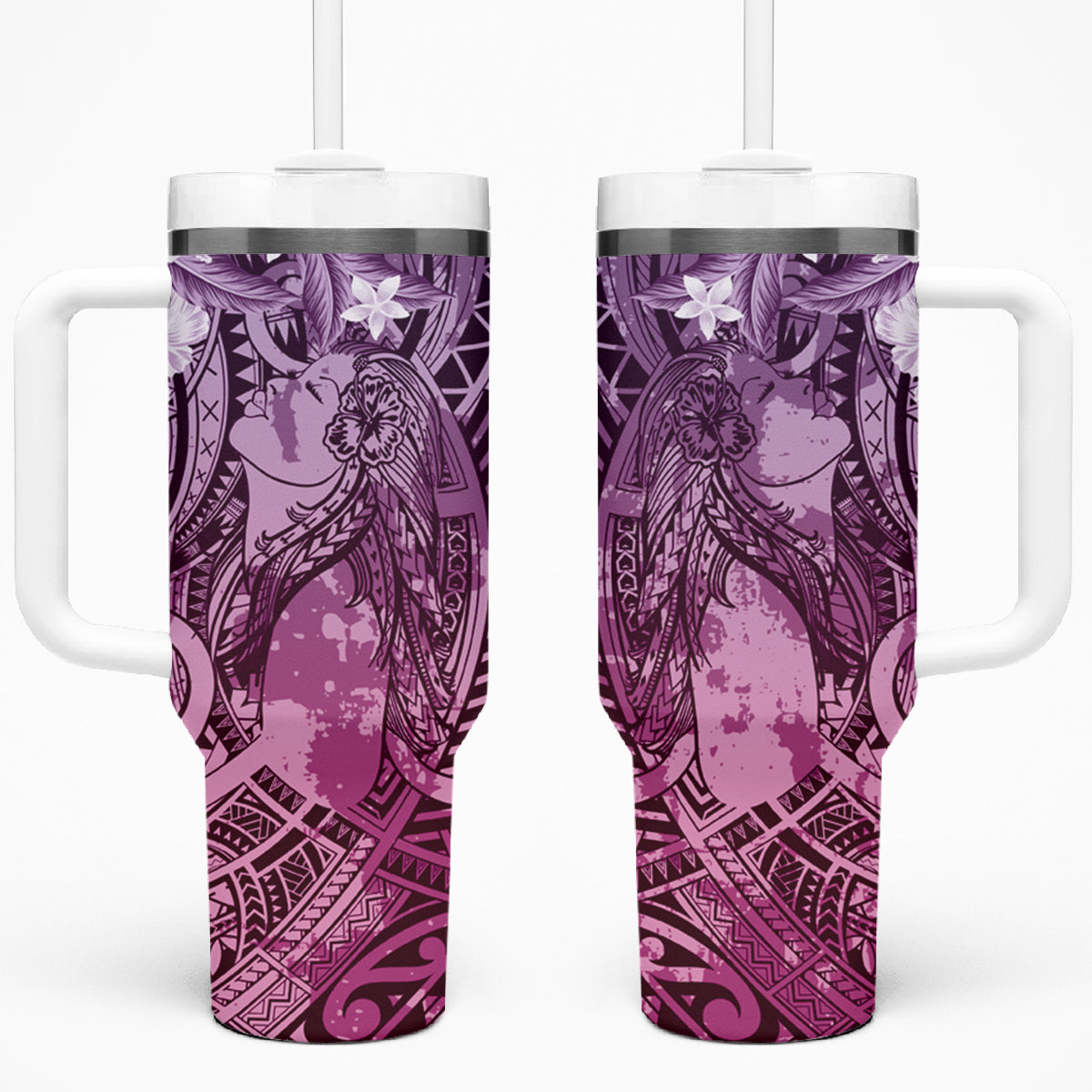 Pacific Beauty Girl Tumbler With Handle Pink Polyneisan Tribal Vintage Motif LT9 One Size: 40 oz Pink - Polynesian Pride