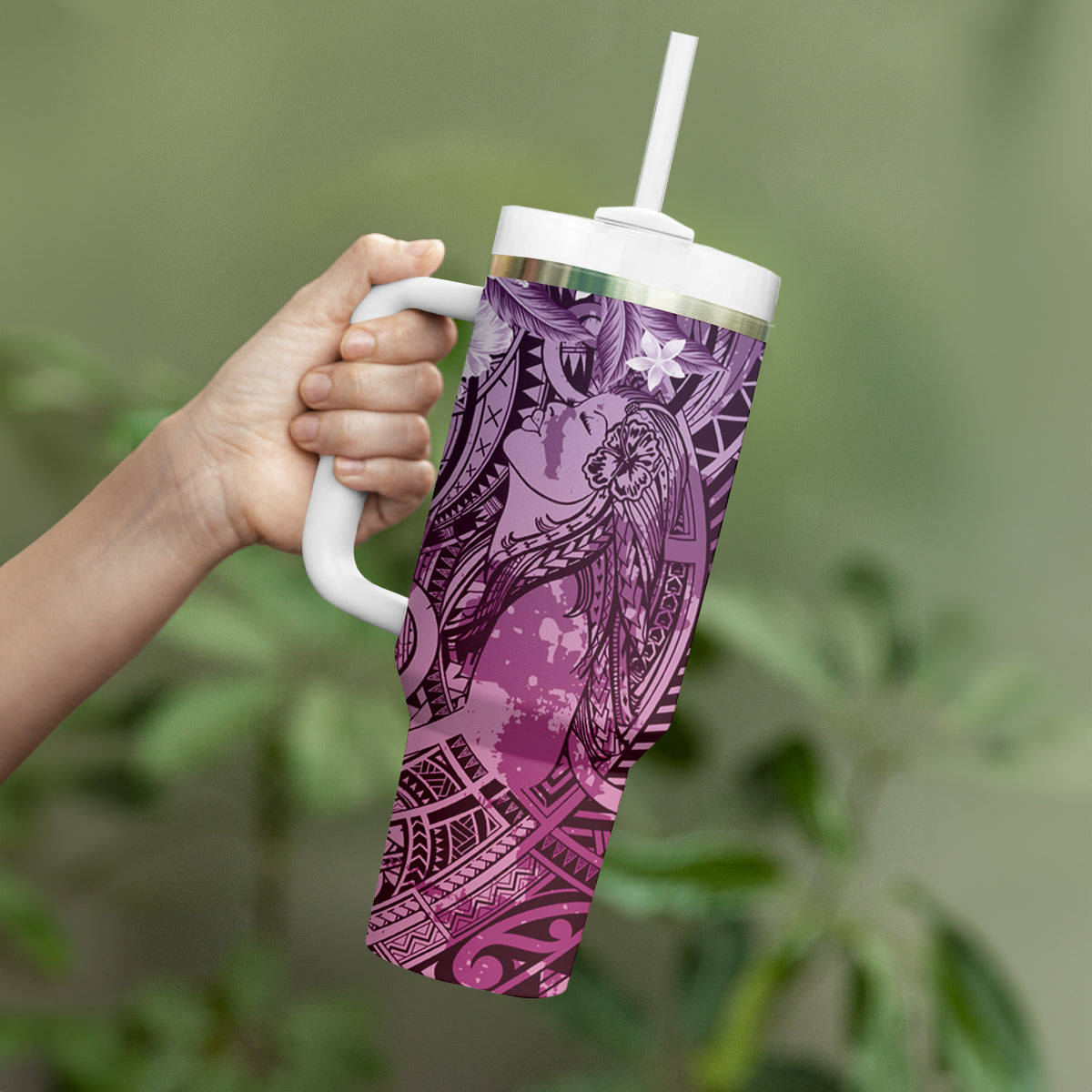 Pacific Beauty Girl Tumbler With Handle Pink Polyneisan Tribal Vintage Motif LT9 - Polynesian Pride