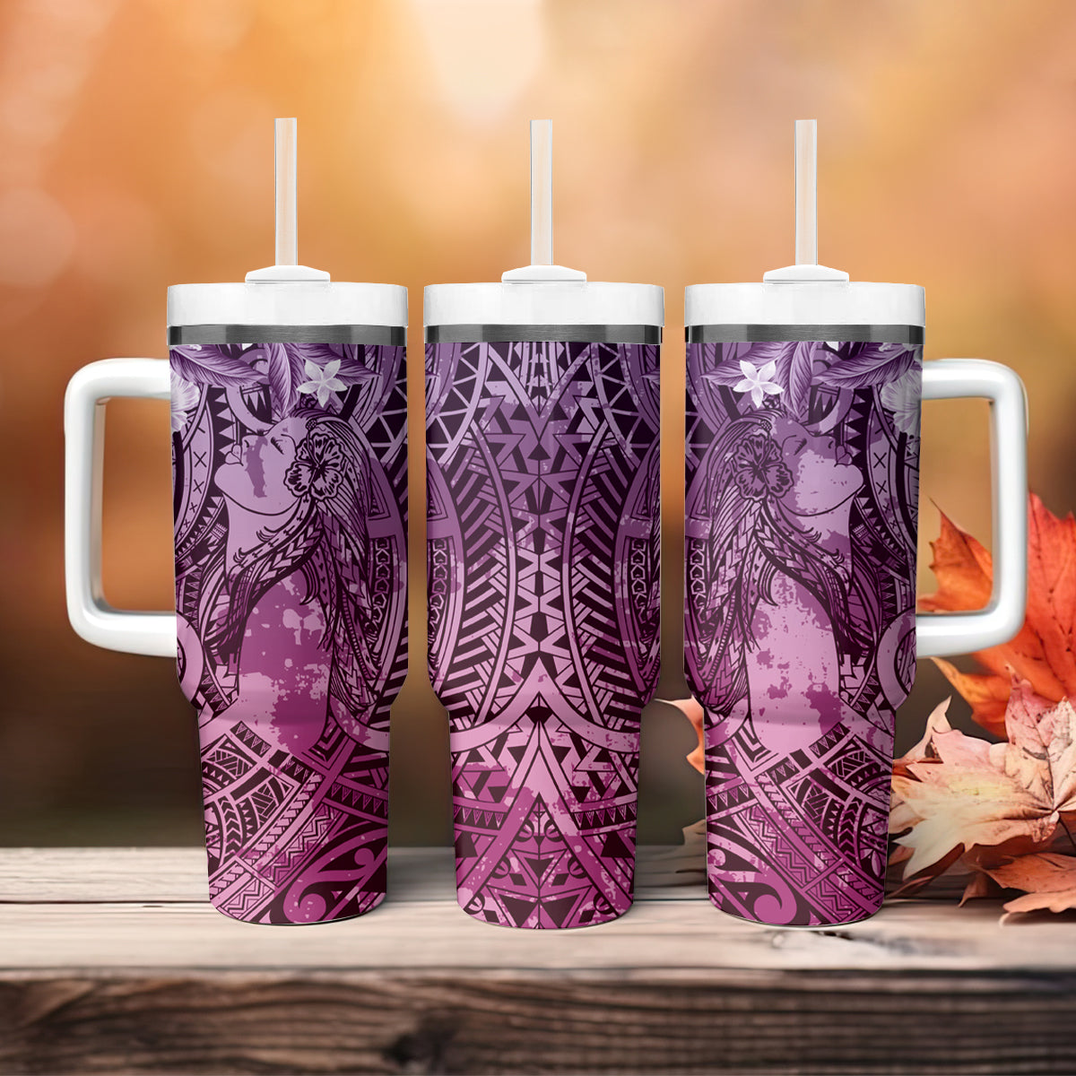 Pacific Beauty Girl Tumbler With Handle Pink Polyneisan Tribal Vintage Motif LT9 - Polynesian Pride