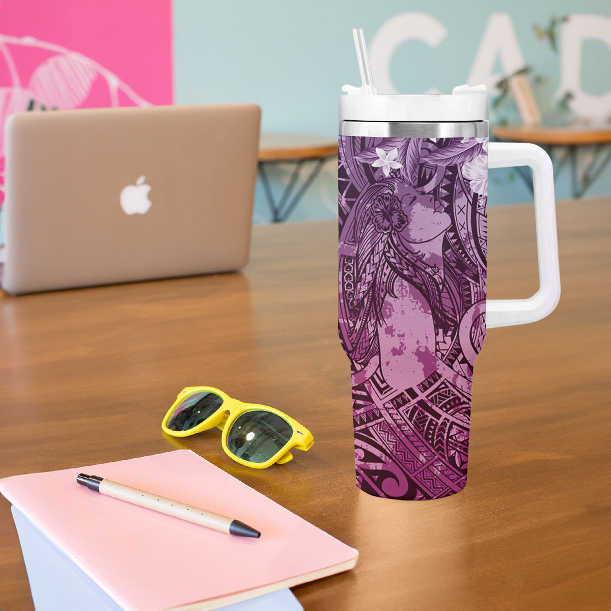 Pacific Beauty Girl Tumbler With Handle Pink Polyneisan Tribal Vintage Motif LT9 - Polynesian Pride