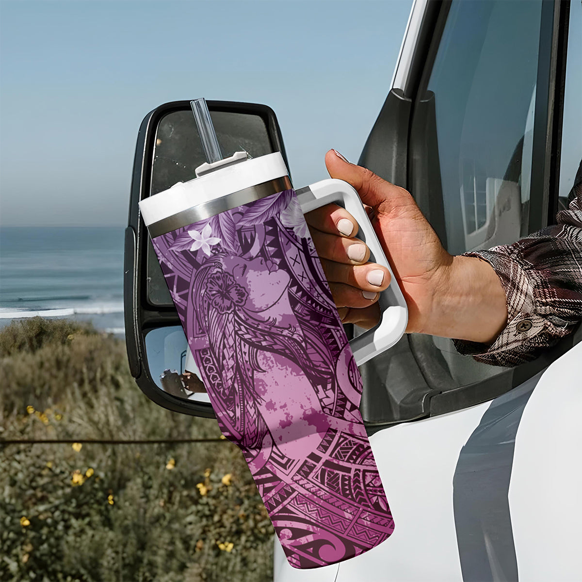 Pacific Beauty Girl Tumbler With Handle Pink Polyneisan Tribal Vintage Motif LT9 - Polynesian Pride