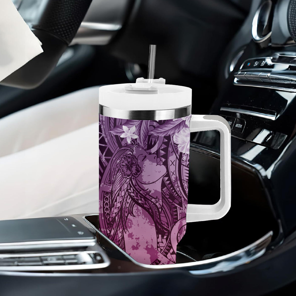 Pacific Beauty Girl Tumbler With Handle Pink Polyneisan Tribal Vintage Motif LT9 - Polynesian Pride