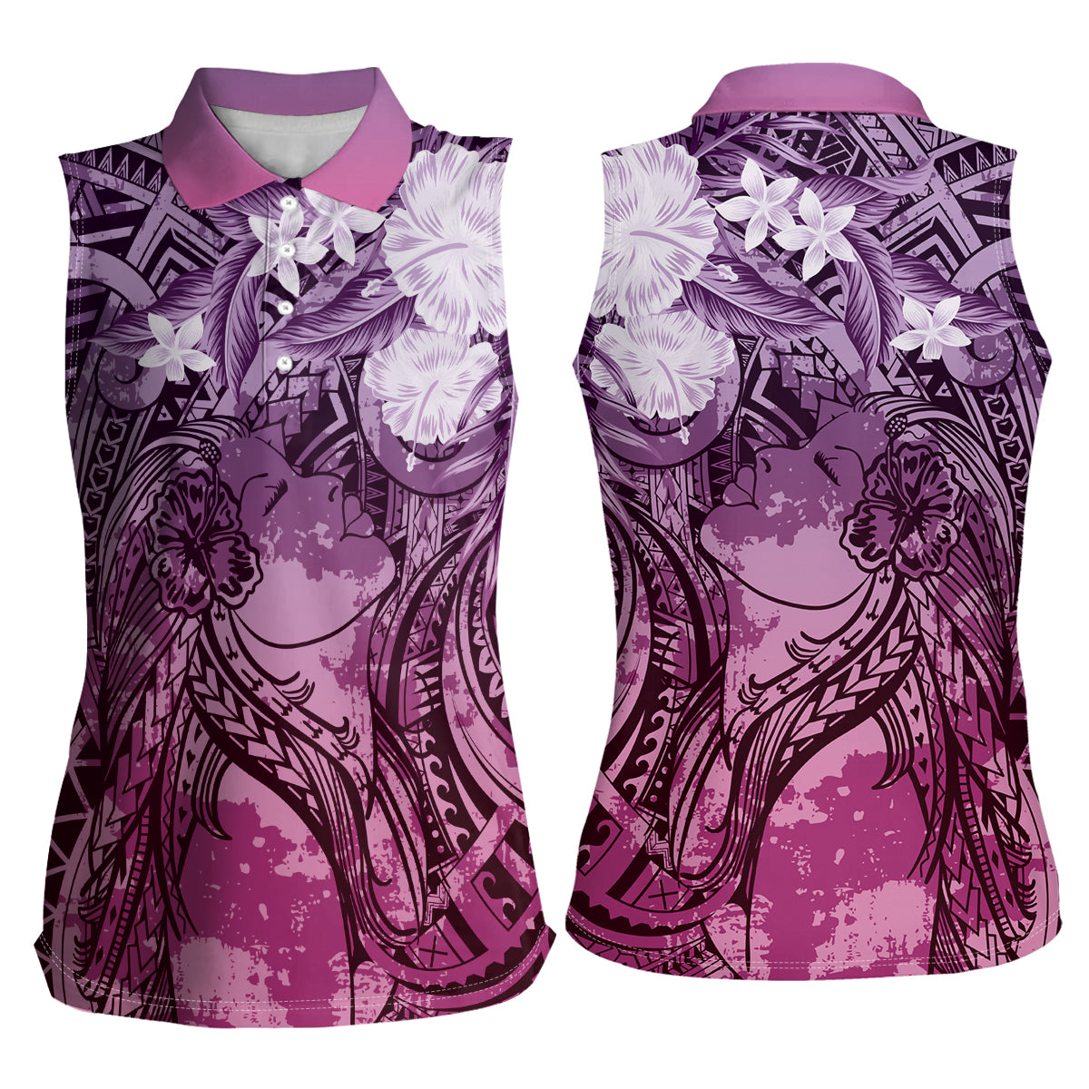 Pacific Beauty Girl Women Sleeveless Polo Shirt Pink Polyneisan Tribal Vintage Motif LT9 - Polynesian Pride