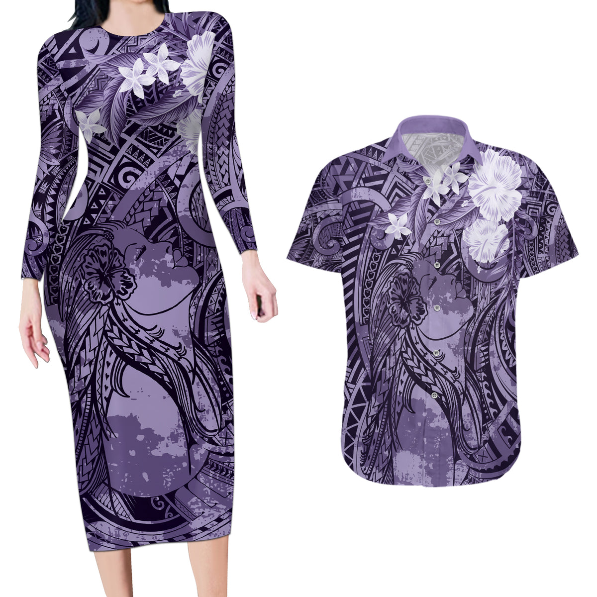Pacific Beauty Girl Couples Matching Long Sleeve Bodycon Dress and Hawaiian Shirt Violet Polyneisan Tribal Vintage Motif LT9 Violet - Polynesian Pride