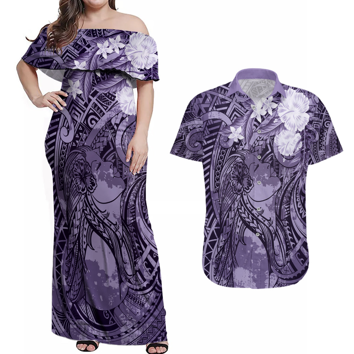 Pacific Beauty Girl Couples Matching Off Shoulder Maxi Dress and Hawaiian Shirt Violet Polyneisan Tribal Vintage Motif LT9 Violet - Polynesian Pride