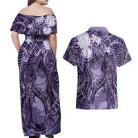 Pacific Beauty Girl Couples Matching Off Shoulder Maxi Dress and Hawaiian Shirt Violet Polyneisan Tribal Vintage Motif LT9 - Polynesian Pride