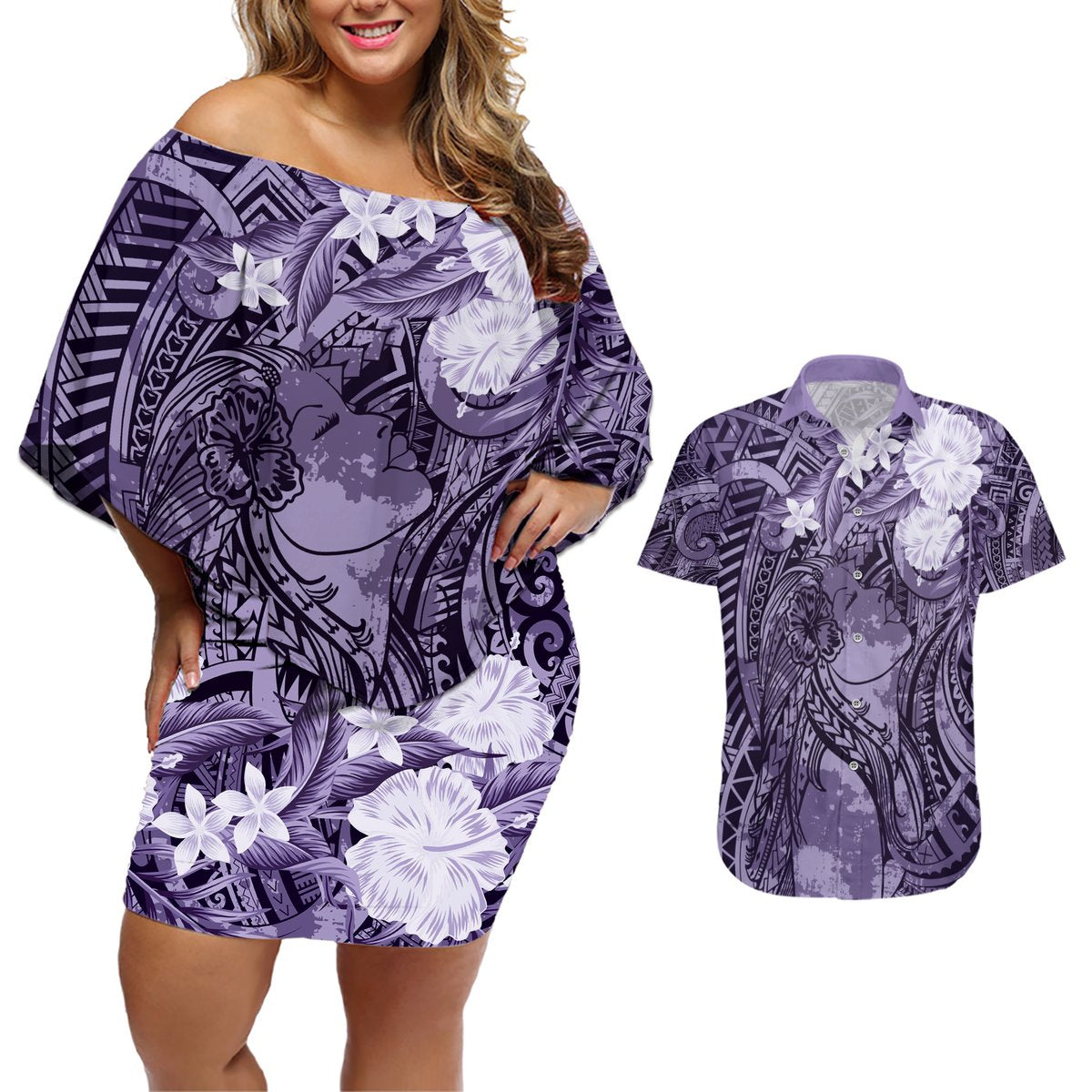 Pacific Beauty Girl Couples Matching Off Shoulder Short Dress and Hawaiian Shirt Violet Polyneisan Tribal Vintage Motif LT9 Violet - Polynesian Pride