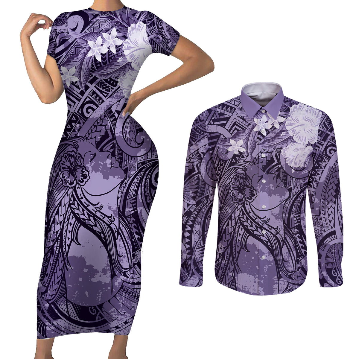 Pacific Beauty Girl Couples Matching Short Sleeve Bodycon Dress and Long Sleeve Button Shirt Violet Polyneisan Tribal Vintage Motif LT9 Violet - Polynesian Pride