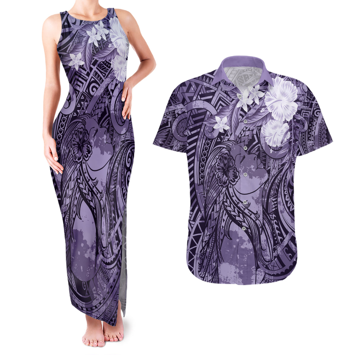 Pacific Beauty Girl Couples Matching Tank Maxi Dress and Hawaiian Shirt Violet Polyneisan Tribal Vintage Motif LT9 Violet - Polynesian Pride