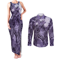 Pacific Beauty Girl Couples Matching Tank Maxi Dress and Long Sleeve Button Shirt Violet Polyneisan Tribal Vintage Motif LT9 Violet - Polynesian Pride