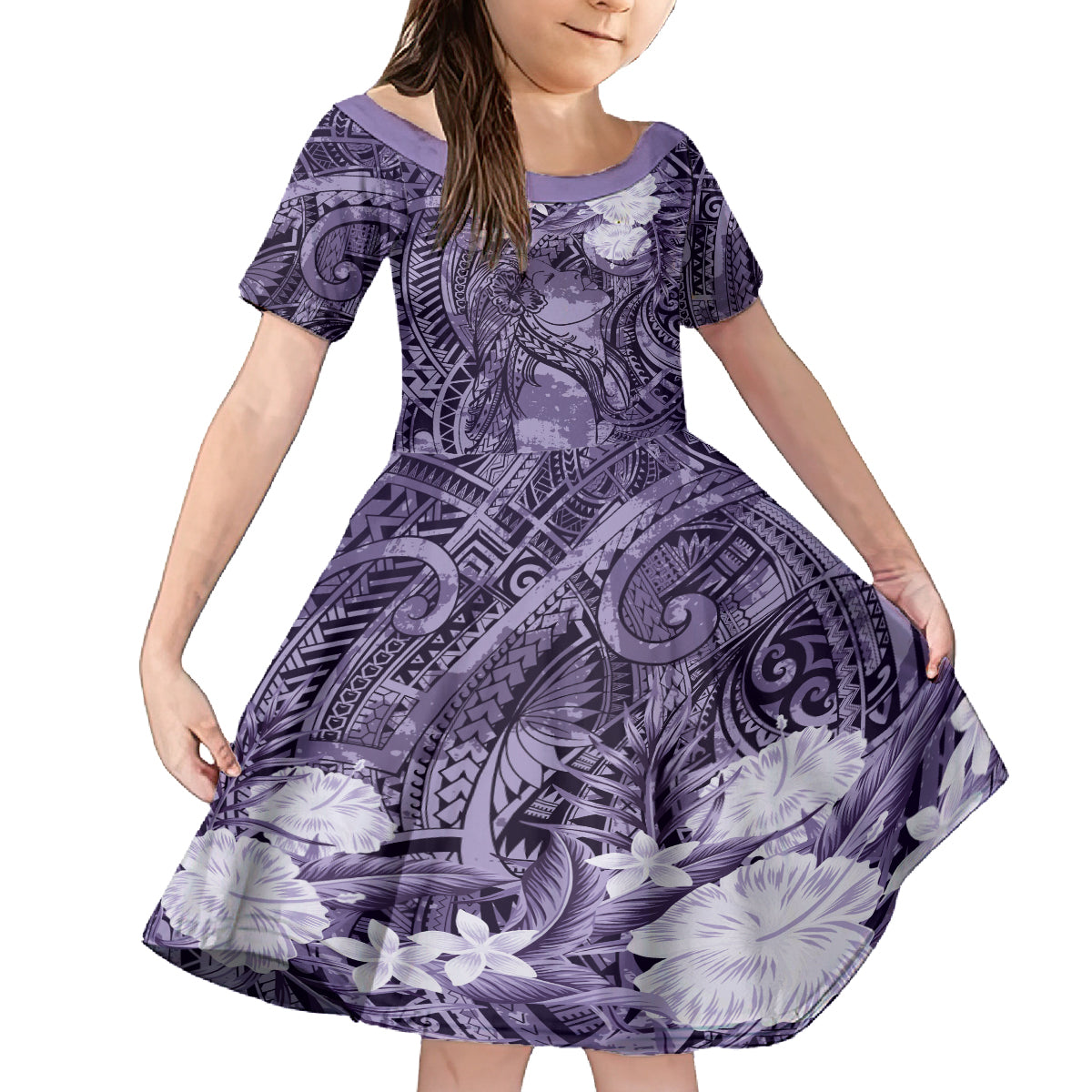 Pacific Beauty Girl Family Matching Long Sleeve Bodycon Dress and Hawaiian Shirt Violet Polyneisan Tribal Vintage Motif LT9 Daughter's Dress Violet - Polynesian Pride