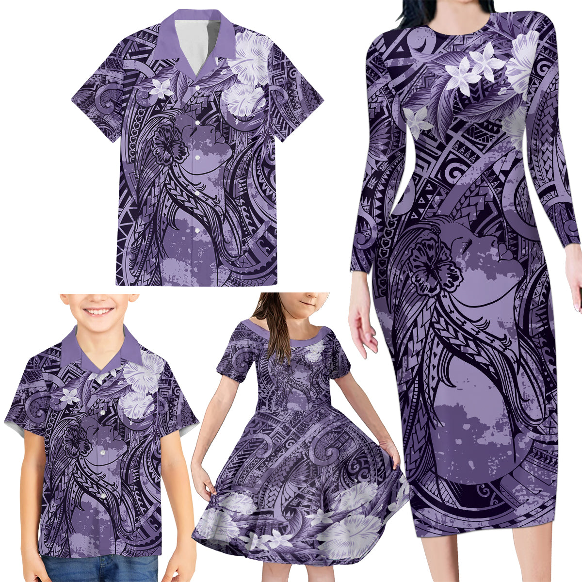 Pacific Beauty Girl Family Matching Long Sleeve Bodycon Dress and Hawaiian Shirt Violet Polyneisan Tribal Vintage Motif LT9 - Polynesian Pride
