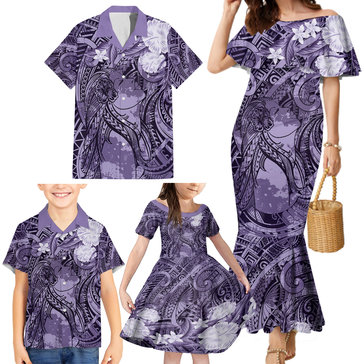Pacific Beauty Girl Family Matching Mermaid Dress and Hawaiian Shirt Violet Polyneisan Tribal Vintage Motif LT9 - Polynesian Pride